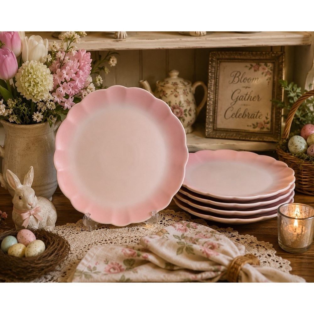 Threshold Pink Scalloped Dinner Plates Set of 5 Stoneware 11" New